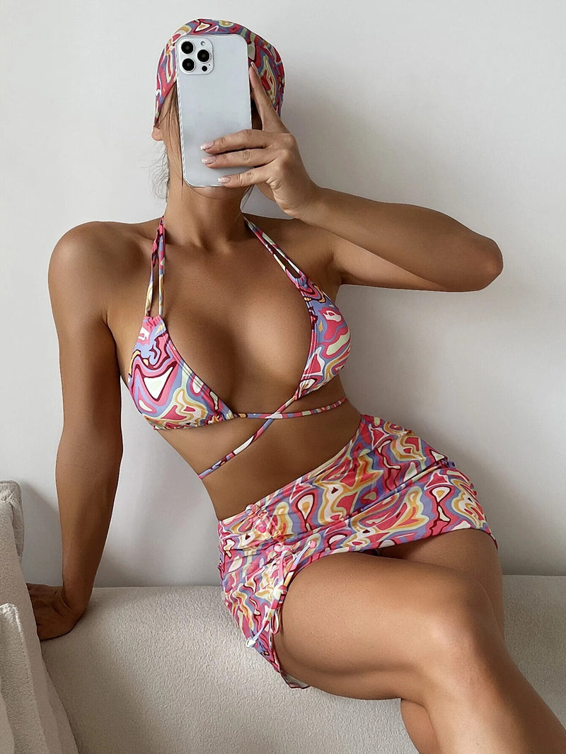 Claire | Vierteiliger bedruckter Bikini Riemchenrock mit Kordelzug